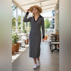 NWT LOFT Striped Navy and White Long Sleeve Ribbed Maxi Sweater Dress Small